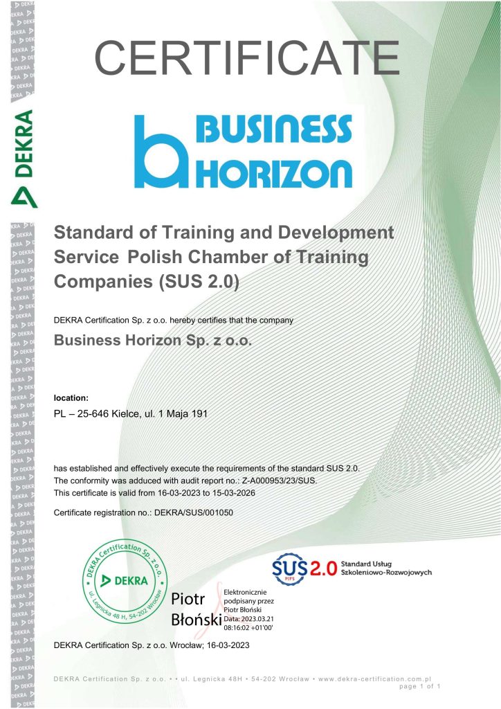 Certyfikat - Standard usług Szkoleniowo-Rozwojowych SUS 2.0 EN