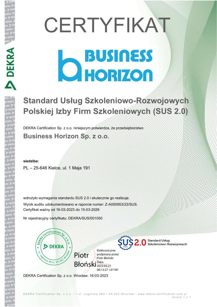 Certyfikat - Standard usług Szkoleniowo-Rozwojowych SUS 2.0 PL